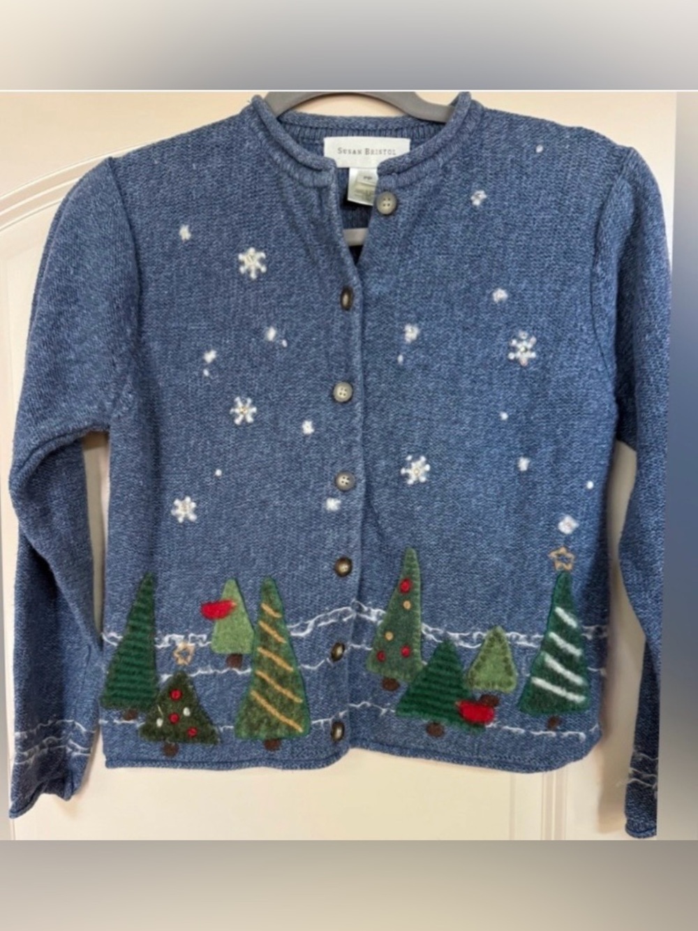Susan Bristol Blue Snowflake & Tree Embroidered Cardigan Sweater Sz P.